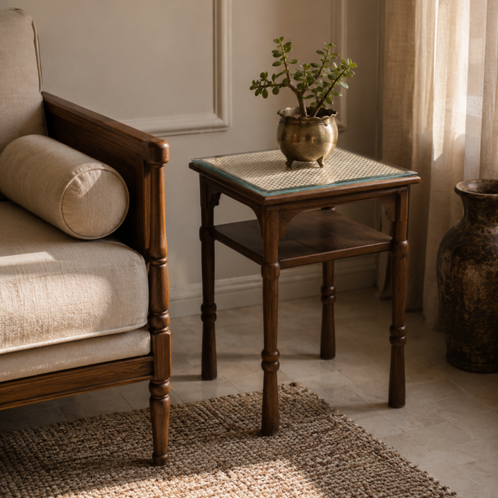 Torana – Teak Wood Rattan & Glass Side Table