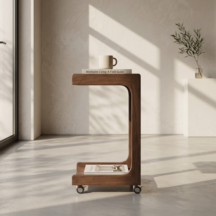 Teak C Table with Wheels & Drawer