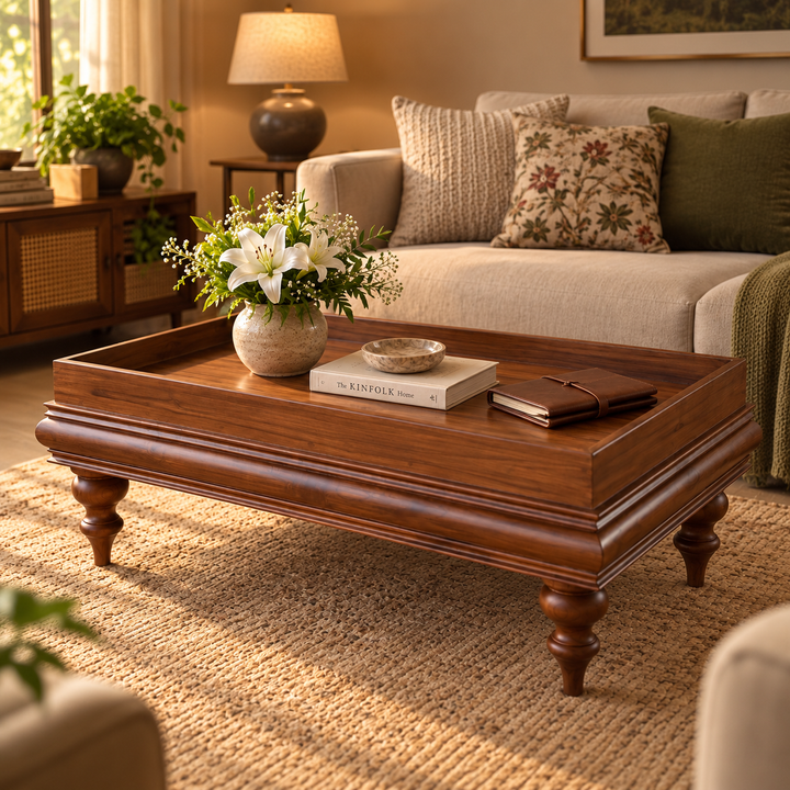 A dark brown wooden coffee table with turned legs and a raised apron, styled in a warm living room with a vase of white lilies, a book, and a notebook on top.