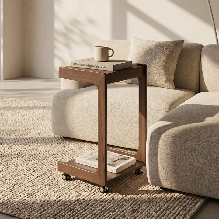 Teak C Table with Wheels & Drawer