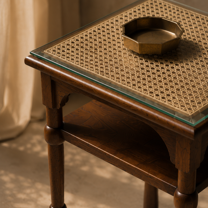 Torana – Teak Wood Rattan & Glass Side Table