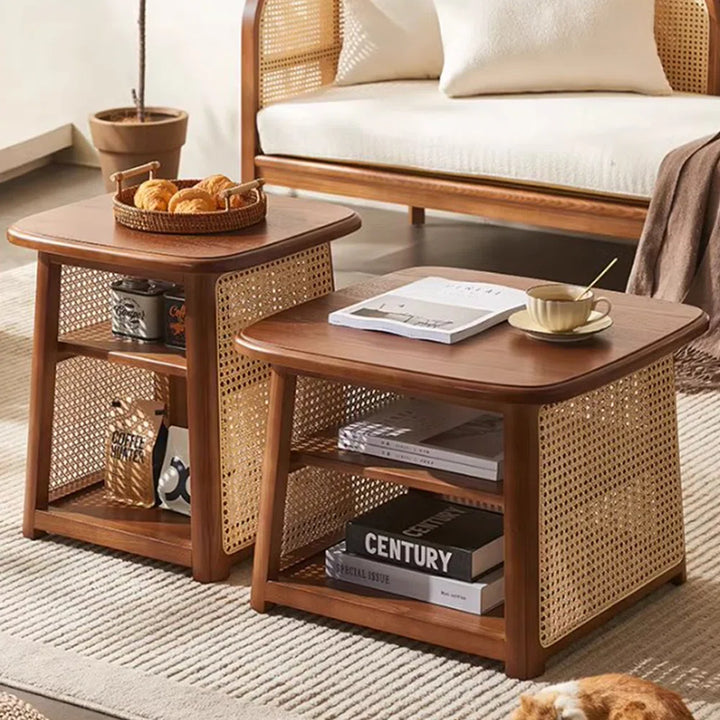 Tantuja - Paired Coffee Tables in Teak Wood & Rattan Cane