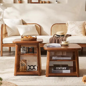 Tantuja - Paired Coffee Tables in Teak Wood & Rattan Cane