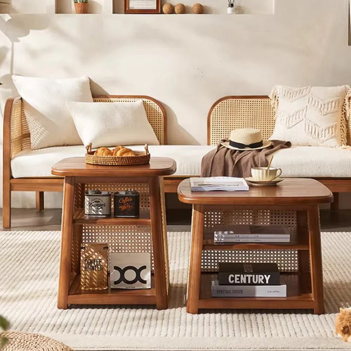 Tantuja - Paired Coffee Tables in Teak Wood & Rattan Cane