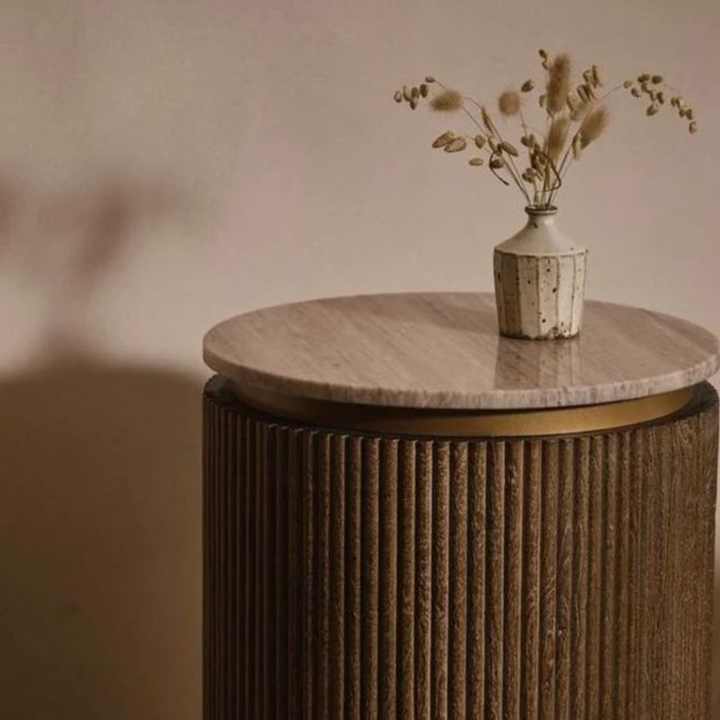 Vrinda - Fluted Teak Drum Table with Tile Top