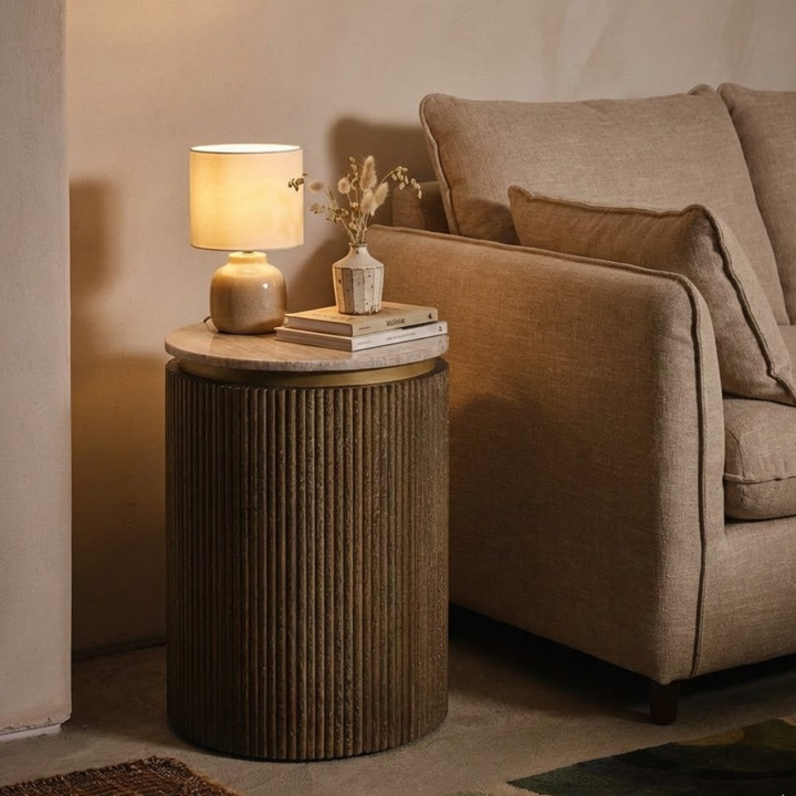 Vrinda - Fluted Teak Drum Table with Tile Top