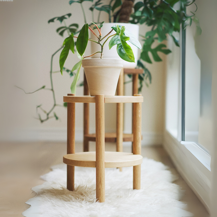 Round Pine Wood Plant Stand – 2-Tier Minimal Design