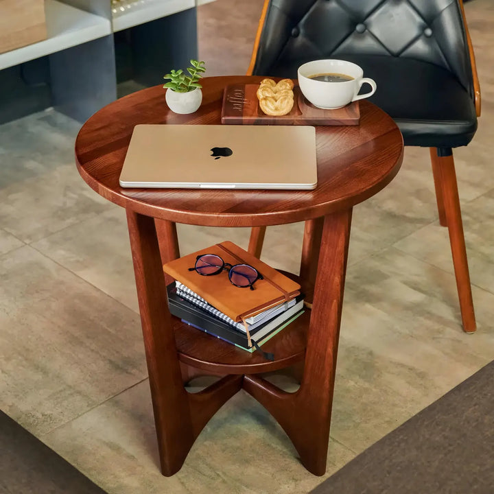 Round Teak Center Table with Shelf – Compact & Elegant