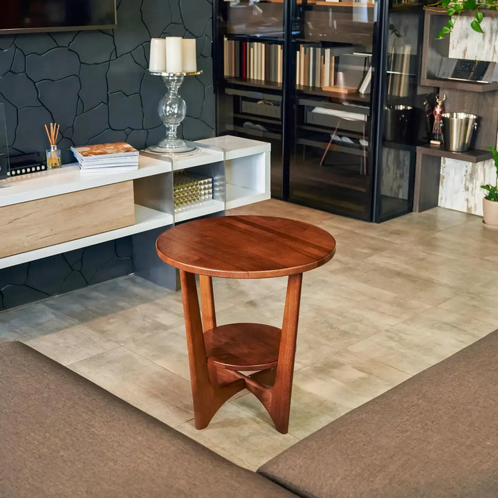 Round Teak Center Table with Shelf – Compact & Elegant